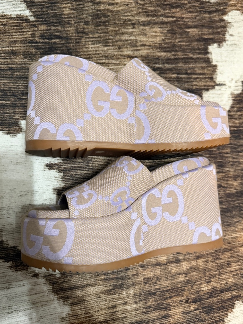 Gucci Authentic Monogram Jumbo GG Logo Platform Slides in Beige/Lapis